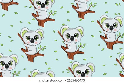Seamless pattern with cute koala baby on color background. Funny australian animals. Card, postcards for kids. Flat vector illustration for fabric, textile, wallpaper, poster, paper.