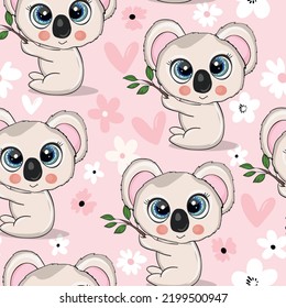 Patrón sin foco con un lindo bebé koala en el fondo de color. Animales australianos divertidos. Tarjeta, postales para niños. Ilustración vectorial plana para tela, textil, papel pintado, afiche, papel.