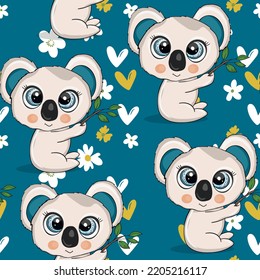 Seamless pattern with cute koala baby on color background. Funny australian animals. Card, postcards for kids. Flat vector illustration for fabric, textile, wallpaper, poster, paper.