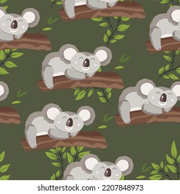 Seamless pattern with cute koala baby on color background. Funny australian animals. Card, postcards for kids. Flat vector illustration for fabric, textile, wallpaper, poster, paper.