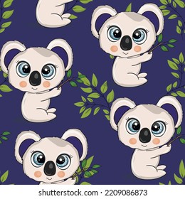 Seamless pattern with cute koala baby on color background. Funny australian animals. Card, postcards for kids. Flat vector illustration for fabric, textile, wallpaper, poster, paper.