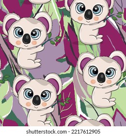 Seamless pattern with cute koala baby on color background. Funny australian animals. Card, postcards for kids. Flat vector illustration for fabric, textile, wallpaper, poster, paper.