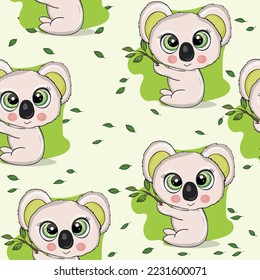Seamless pattern with cute koala baby on color background. Funny australian animals. Card, postcards for kids. Flat vector illustration for fabric, textile, wallpaper, poster, paper.