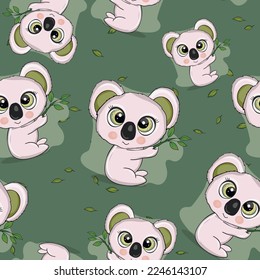 Seamless pattern with cute koala baby on color background. Funny australian animals. Card, postcards for kids. Flat vector illustration for fabric, textile, wallpaper, poster, paper.