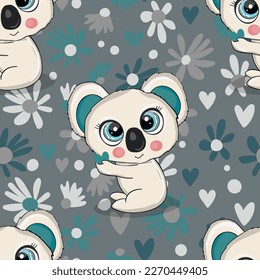 Seamless pattern with cute koala baby on color background. Funny australian animals. Card, postcards for kids. Flat vector illustration for fabric, textile, wallpaper, poster, paper.