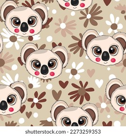 Seamless pattern with cute koala baby on color background. Funny australian animals. Card, postcards for kids. Flat vector illustration for fabric, textile, wallpaper, poster, paper.