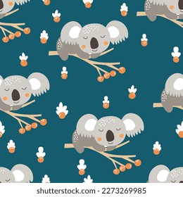 Seamless pattern with cute koala baby on color background. Funny australian animals. Card, postcards for kids. Flat vector illustration for fabric, textile, wallpaper, poster, paper.