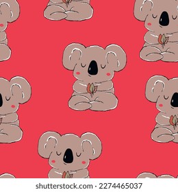 Seamless pattern with cute koala baby on color background. Funny australian animals. Card, postcards for kids. Flat vector illustration for fabric, textile, wallpaper, poster, paper.
