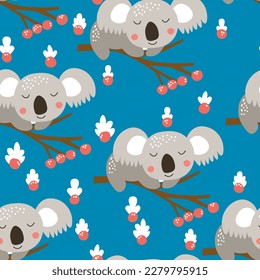 Seamless pattern with cute koala baby on color background. Funny australian animals. Card, postcards for kids. Flat vector illustration for fabric, textile, wallpaper, poster, paper.