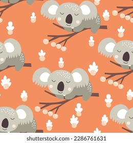 Seamless pattern with cute koala baby on color background. Funny australian animals. Card, postcards for kids. Flat vector illustration for fabric, textile, wallpaper, poster, paper.