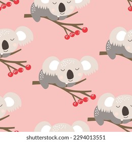 Patrón sin foco con un lindo bebé koala en el fondo de color. Animales australianos divertidos. Tarjeta, postales para niños. Ilustración vectorial plana para tela, textil, papel pintado, afiche, papel.