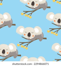 Seamless pattern with cute koala baby on color background. Funny australian animals. Card, postcards for kids. Flat vector illustration for fabric, textile, wallpaper, poster, paper.