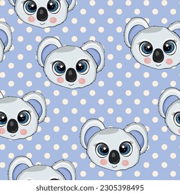 Nahtloses Muster mit süßem Koala-Baby auf Farbhintergrund. Schöne australische Tiere. Karte, Postkarten für Kinder. Flache Vektorgrafik für Gewebe, Textilien, Tapeten, Poster, Papier.