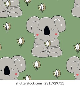 Seamless pattern with cute koala baby on color background. Funny australian animals. Card, postcards for kids. Flat vector illustration for fabric, textile, wallpaper, poster, paper.