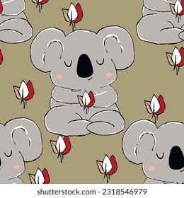 Seamless pattern with cute koala baby on color background. Funny australian animals. Card, postcards for kids. Flat vector illustration for fabric, textile, wallpaper, poster, paper.