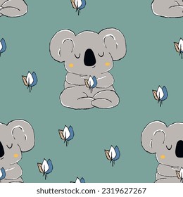 Seamless pattern with cute koala baby on color background. Funny australian animals. Card, postcards for kids. Flat vector illustration for fabric, textile, wallpaper, poster, paper.