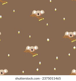 Seamless pattern with cute koala baby on color background. Funny australian animals. Card, postcards for kids. Flat vector illustration for fabric, textile, wallpaper, poster, paper.