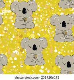 Seamless pattern with cute koala baby on color background. Funny australian animals. Card, postcards for kids. Flat vector illustration for fabric, textile, wallpaper, poster, paper.