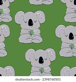 Seamless pattern with cute koala baby on color background. Funny australian animals. Card, postcards for kids. Flat vector illustration for fabric, textile, wallpaper, poster, paper.