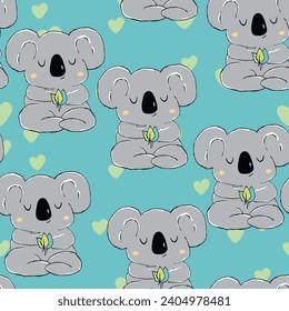 Seamless pattern with cute koala baby on color background. Funny australian animals. Card, postcards for kids. Flat vector illustration for fabric, textile, wallpaper, poster, paper.