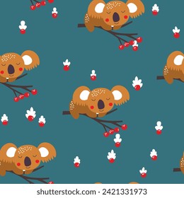 Seamless pattern with cute koala baby on color background. Funny australian animals. Card, postcards for kids. Flat vector illustration for fabric, textile, wallpaper, poster, paper.