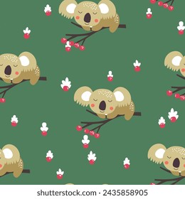 Seamless pattern with cute koala baby on color background. Funny australian animals. Card, postcards for kids. Flat vector illustration for fabric, textile, wallpaper, poster, paper.
