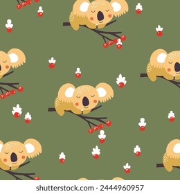 Seamless pattern with cute koala baby on color background. Funny australian animals. Card, postcards for kids. Flat vector illustration for fabric, textile, wallpaper, poster, paper.