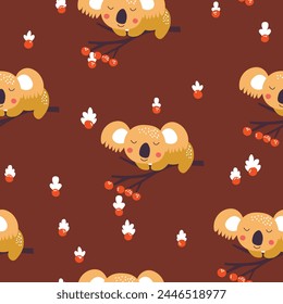Nahtloses Muster mit niedlichem Koala Baby auf farbigem Hintergrund. Lustige australische Tiere. Karte, Postkarten für Kinder. Flache Vektorillustration für Stoff, Textil, Bildschirmhintergrund, Poster, Papier.