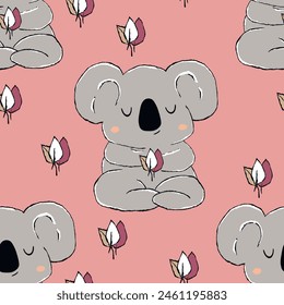 Seamless pattern with cute koala baby on color background. Funny australian animals. Card, postcards for kids. Flat vector illustration for fabric, textile, wallpaper, poster, paper.