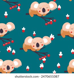 Seamless pattern with cute koala baby on color background. Funny australian animals. Card, postcards for kids. Flat vector illustration for fabric, textile, wallpaper, poster, paper.