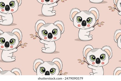 Patrón sin fisuras con bebé koala lindo en el fondo de color. Animales australianos divertidos. Tarjeta, postales para niños. Ilustración vectorial plana para tela, textil, Fondo de pantalla, póster, papel.