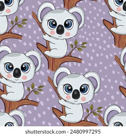 Seamless pattern with cute koala baby on color background. Funny australian animals. Card, postcards for kids. Flat vector illustration for fabric, textile, wallpaper, poster, paper.