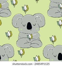 Seamless pattern with cute koala baby on color background. Funny australian animals. Card, postcards for kids. Flat vector illustration for fabric, textile, wallpaper, poster, paper.