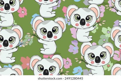 Seamless pattern with cute koala baby on color background. Funny australian animals. Card, postcards for kids. Flat vector illustration for fabric, textile, wallpaper, poster, paper.