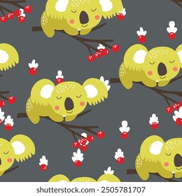 Seamless pattern with cute koala baby on color background. Funny australian animals. Card, postcards for kids. Flat vector illustration for fabric, textile, wallpaper, poster, paper.