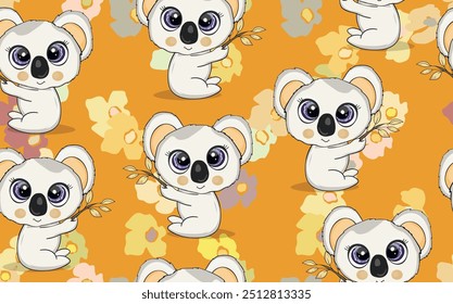 Seamless pattern with cute koala baby on color background. Funny australian animals. Card, postcards for kids. Flat vector illustration for fabric, textile, wallpaper, poster, paper.