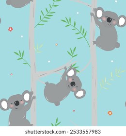 Patrón sin fisuras con el bebé lindo del koala y la huella en fondo del color. Divertidos animales australianos. Tarjeta, postales para niños. Ilustración vectorial plana para tela, textil, Fondo de pantalla, póster, papel.
