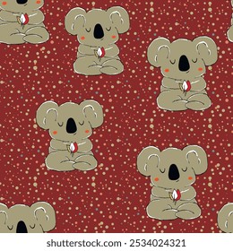 Patrón sin fisuras con el bebé lindo del koala en el fondo del color. Divertidos animales australianos. Tarjeta, postales para niños. Ilustración vectorial plana para tela, textil, Fondo de pantalla, póster, papel.