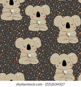 Seamless pattern with cute koala baby on color background. Funny australian animals. Card, postcards for kids. Flat vector illustration for fabric, textile, wallpaper, poster, paper.