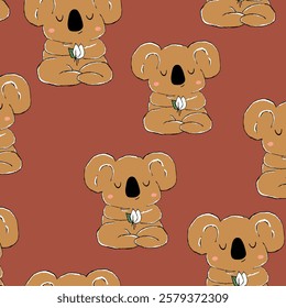 Seamless pattern with cute koala baby on color background. Funny australian animals. Card, postcards for kids. Flat vector illustration for fabric, textile, wallpaper, poster, paper.