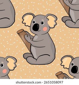 Padrão contínuo com bebê coala bonito no fundo de cor. Animais australianos engraçados. Cartão, cartões postais para crianças. Ilustração vetorial plana para tecido, têxtil, papel de parede, cartaz, papel.