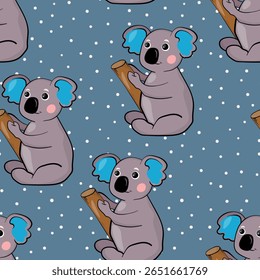 Padrão contínuo com bebê coala bonito no fundo de cor. Animais australianos engraçados. Cartão, cartões postais para crianças. Ilustração vetorial plana para tecido, têxtil, papel de parede, cartaz, papel.