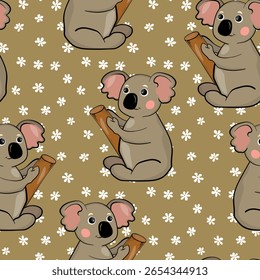 Padrão contínuo com bebê coala bonito no fundo de cor. Animais australianos engraçados. Cartão, cartões postais para crianças. Ilustração vetorial plana para tecido, têxtil, papel de parede, cartaz, papel.
