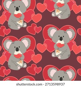 Nahtloses Muster mit niedlichem Koala-Baby mit Herzen auf farbigem Hintergrund. Koalabär im Valentinstag
