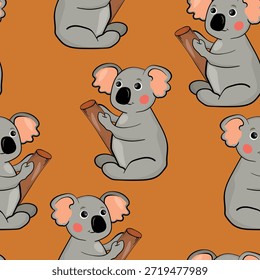 Seamless pattern with cute koala baby on color background. Funny australian animals. Card, postcards for kids. Flat vector illustration for fabric, textile, wallpaper, poster, paper.