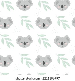 Seamless pattern with cute koala and bamboo. Flat illustration of doodle bear for children photo overlays, t-shirt print, poster design, textile background