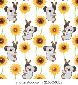 Seamless Pattern with Cute Koala Bear and Sunflower Design on White Background