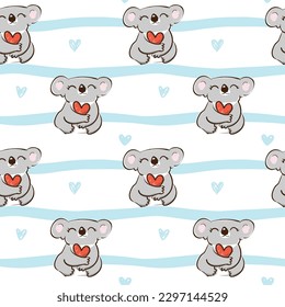 Nahtlose Muster des Cute Koala Bären mit Herzdesign auf weißem Hintergrund mit blauen Wavy-Linien