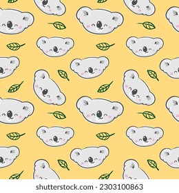 Seamless Pattern with Cute Koala Bear Face and Leaf Design on Yellow Background