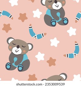 Seamless pattern with cute koala, bear baby on color background. Funny australian animals. Card for kids. Flat vector illustration for fabric, textile, wallpaper, poster, paper.